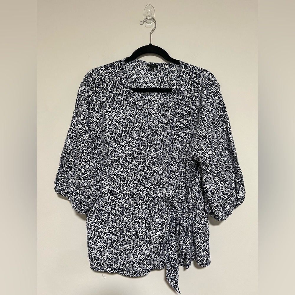 Talbots Blue/White Wrap Short Sleeve Blouse Top Size Large